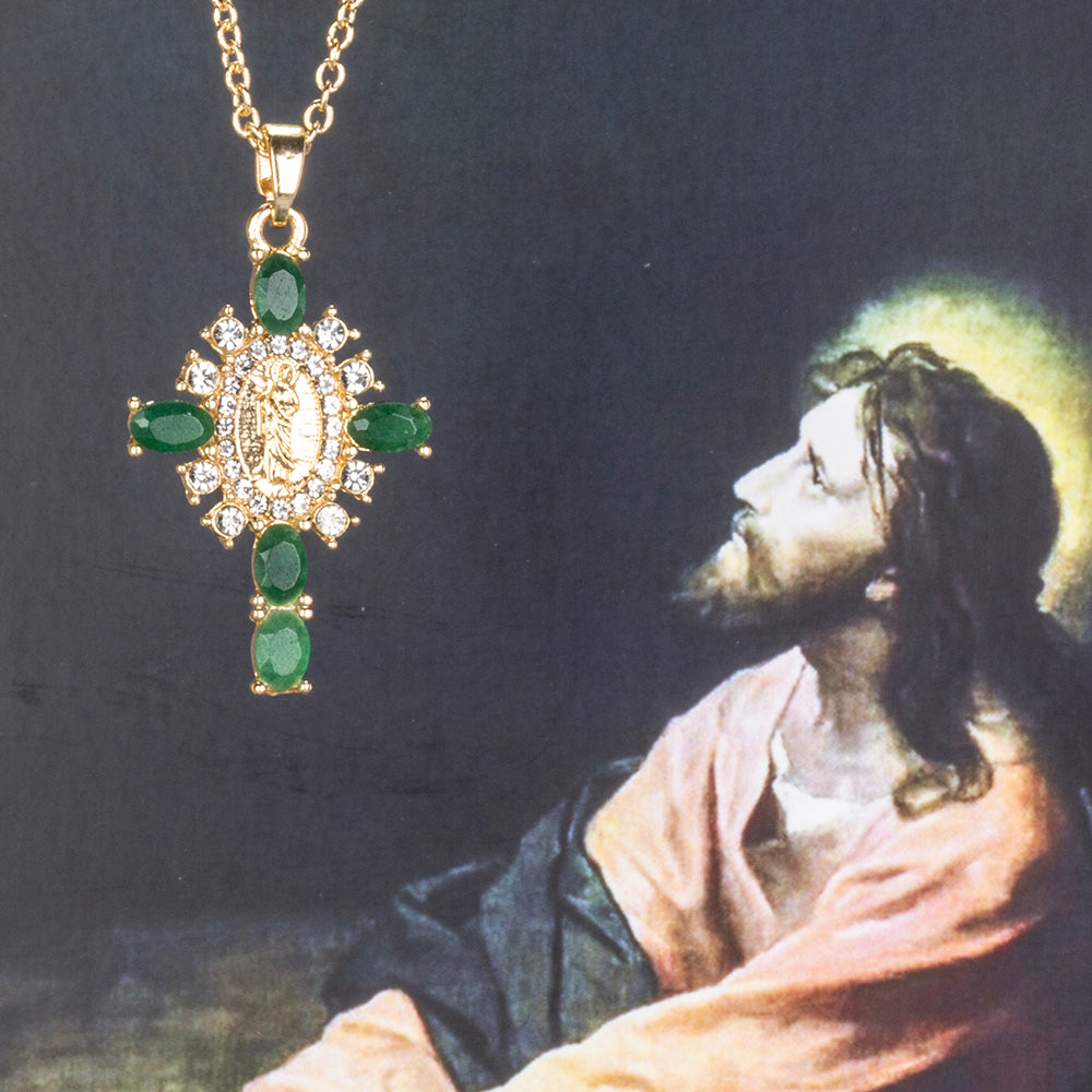 Kríž Pozlátený Zliatinový Náhrdelník s so Smaragdom a Bielym Emporia® Krištáľom ( Náhrdelník+Prívesok )