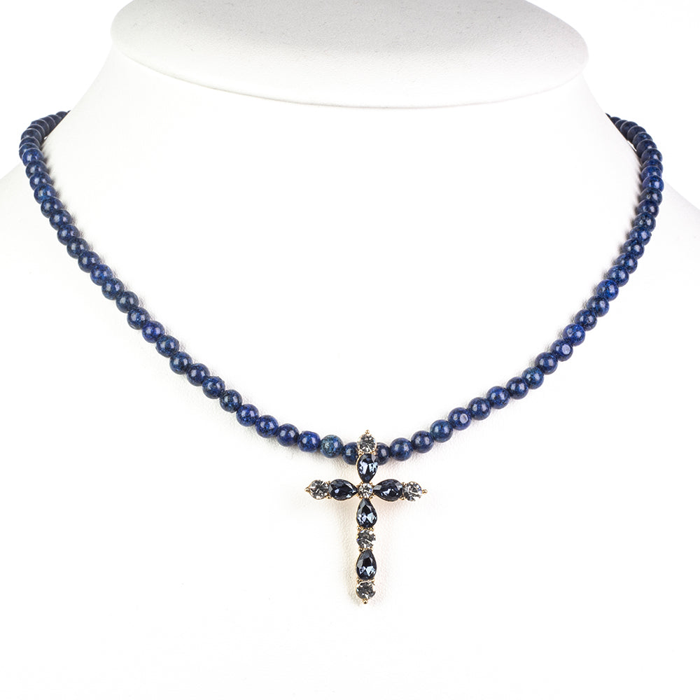 Kríž Pozlátený Zliatinový Náhrdelník s Lapisom Lazuli a Modrým Emporia® Krištáľom ( Náhrdelník+Prívesok )
