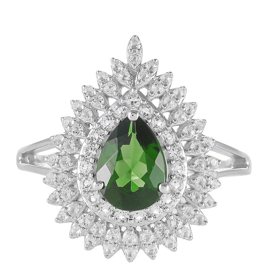 Strieborný Prsteň s Chrom Diopsidom a Bielym Topásom