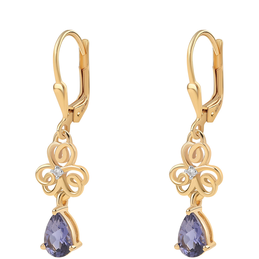 Pozlátené Strieborné Náušnice s Iolitom a Bielym Topásom