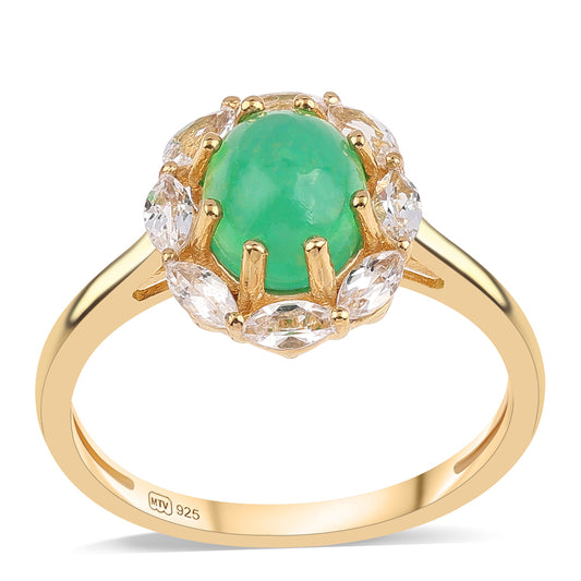 Pozlátený Strieborný Prsteň s so Zeleným Etiópskym Opálom z Lega Dembi a Bielym Topásom