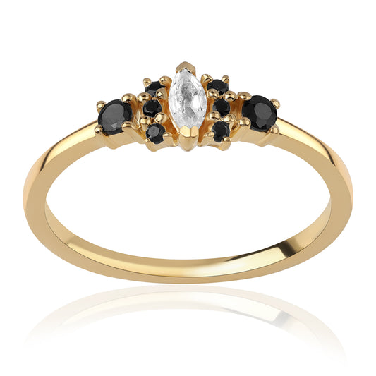 Pozlátený Strieborný Prsteň s Čiernym Spinelom a Bielym Topásom