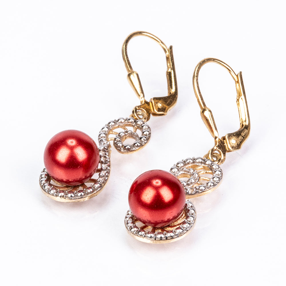 Pozlátené Strieborné Náušnice s Červená sladkovodná perlou a Bielym Topásom