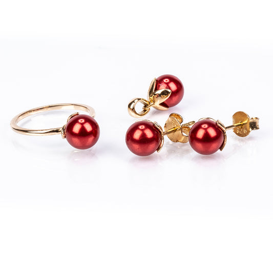 Pozlátené Strieborné Sada s Červená sladkovodná perlou ( Náušnice+Prsteň +Prívesok )