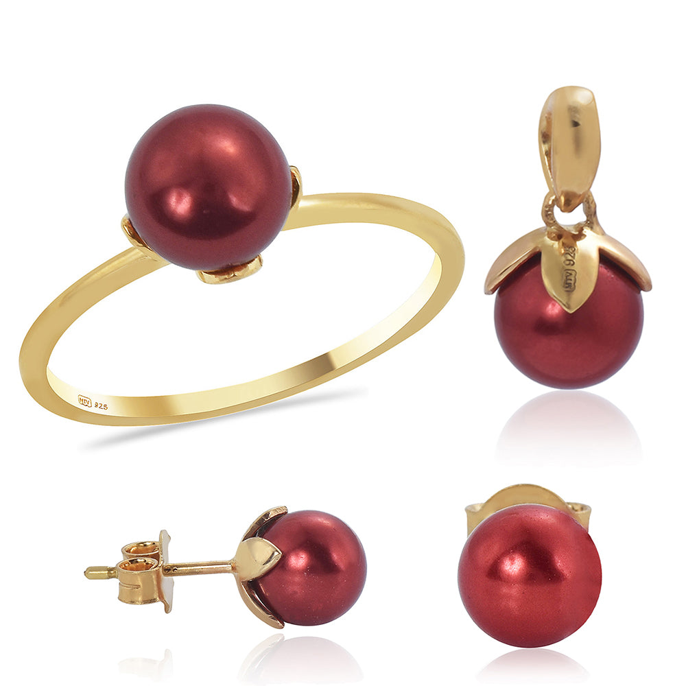 Pozlátené Strieborné Sada s Červená sladkovodná perlou ( Náušnice+Prsteň +Prívesok )