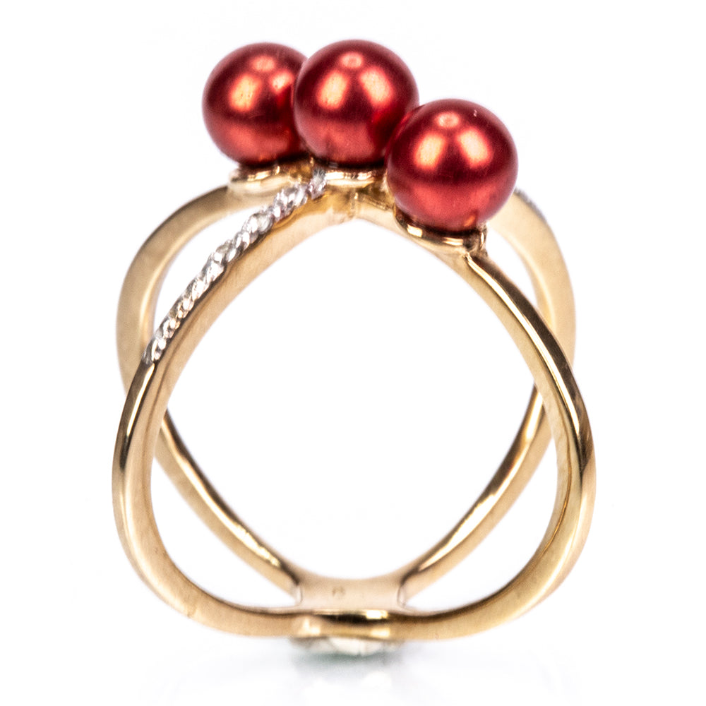 Pozlátený Strieborný Prsteň s Červená sladkovodná perlou a Bielym Topásom