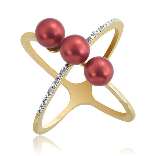Pozlátený Strieborný Prsteň s Červená sladkovodná perlou a Bielym Topásom