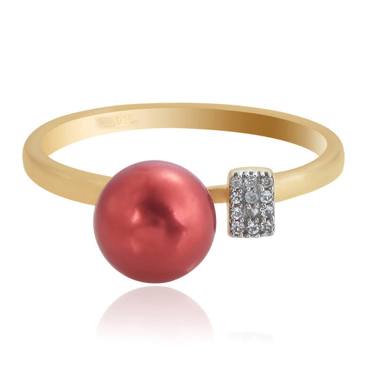 Pozlátený Strieborný Prsteň s Červená sladkovodná perlou a Bielym Topásom