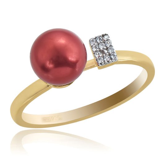 Pozlátený Strieborný Prsteň s Červená sladkovodná perlou a Bielym Topásom