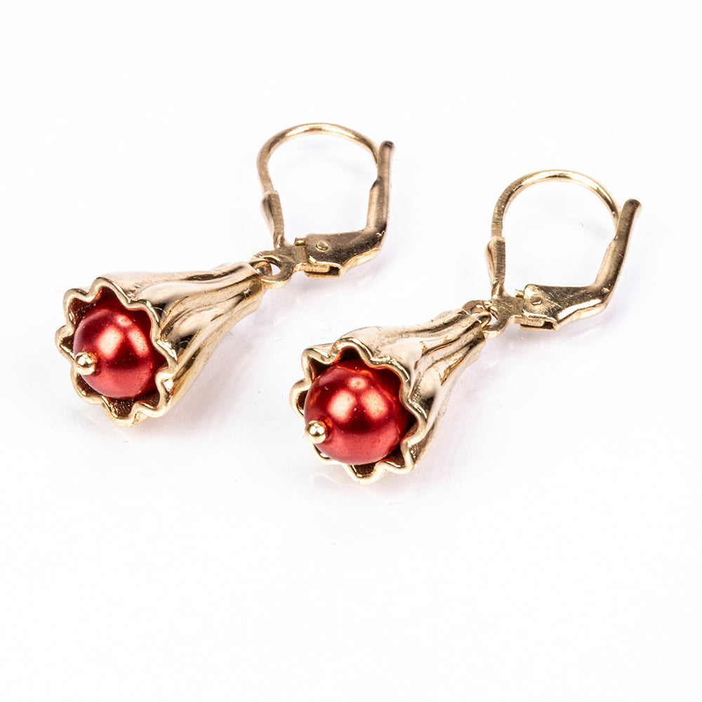 Pozlátené Strieborné Náušnice s Červená sladkovodná perlou