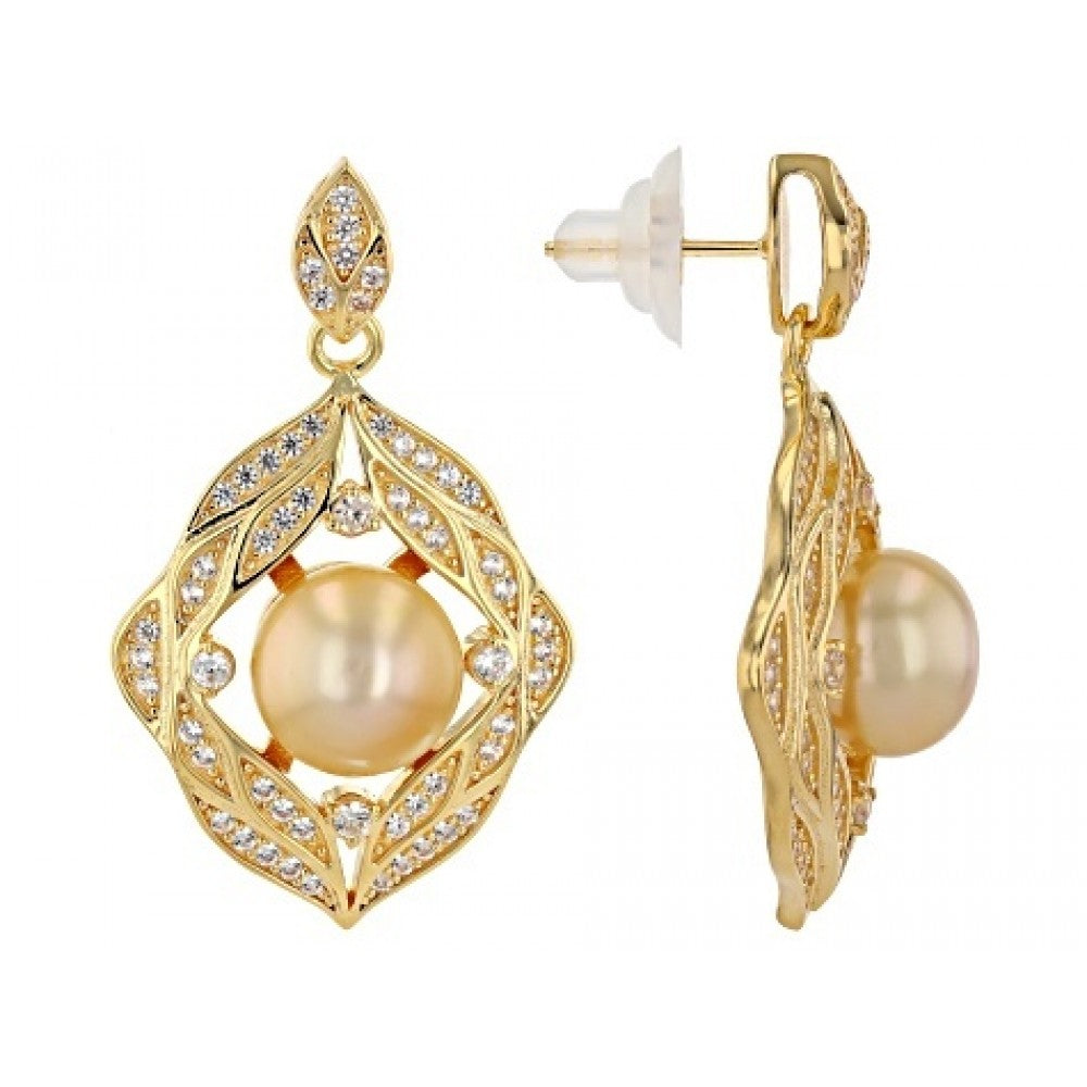 Pozlátené Strieborné Náušnice s so Zlatou Sladkovodnou Perlou a Bielym Topásom