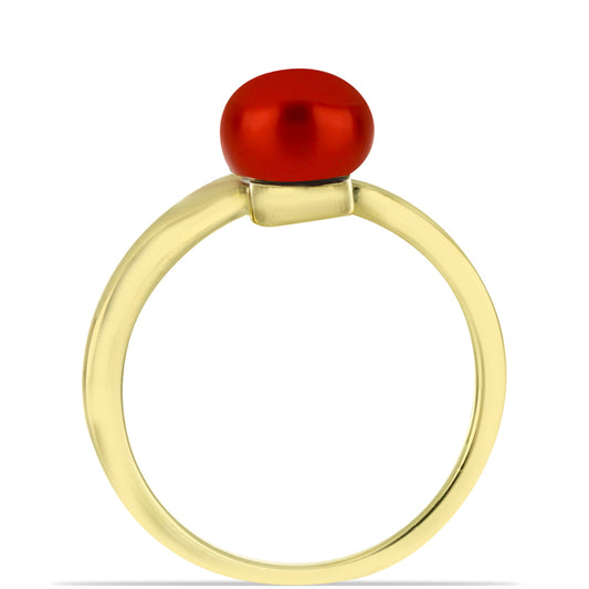 Pozlátený Strieborný Prsteň s Červená sladkovodná perlou a Bielym Topásom