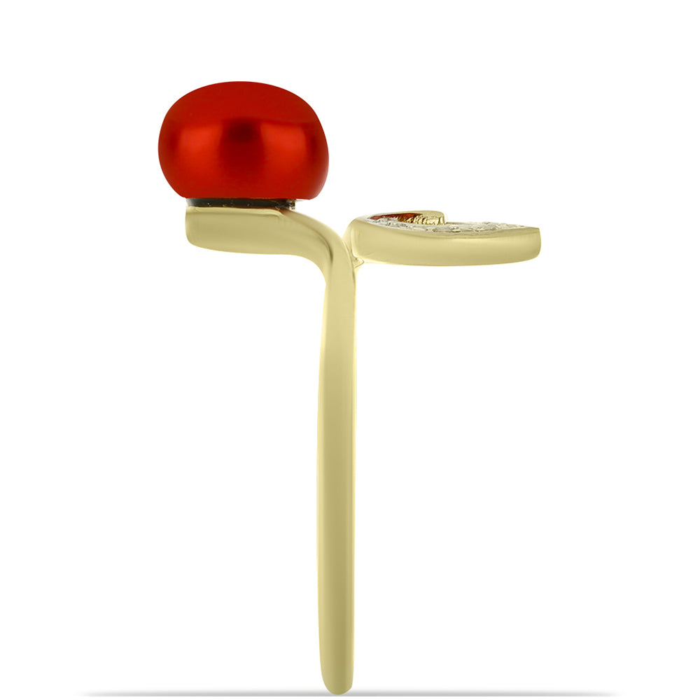 Pozlátený Strieborný Prsteň s Červená sladkovodná perlou a Bielym Topásom