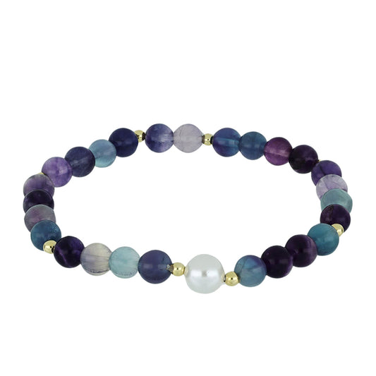 Pozlátený Strieborný Náramok s Fluoritom a Bielou Kultivovanou Perlou