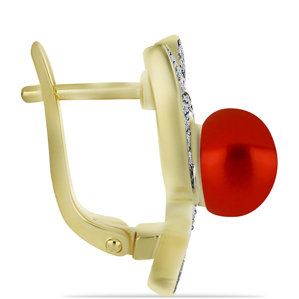 Pozlátené Strieborné Náušnice s Červená sladkovodná perlou a Bielym Topásom