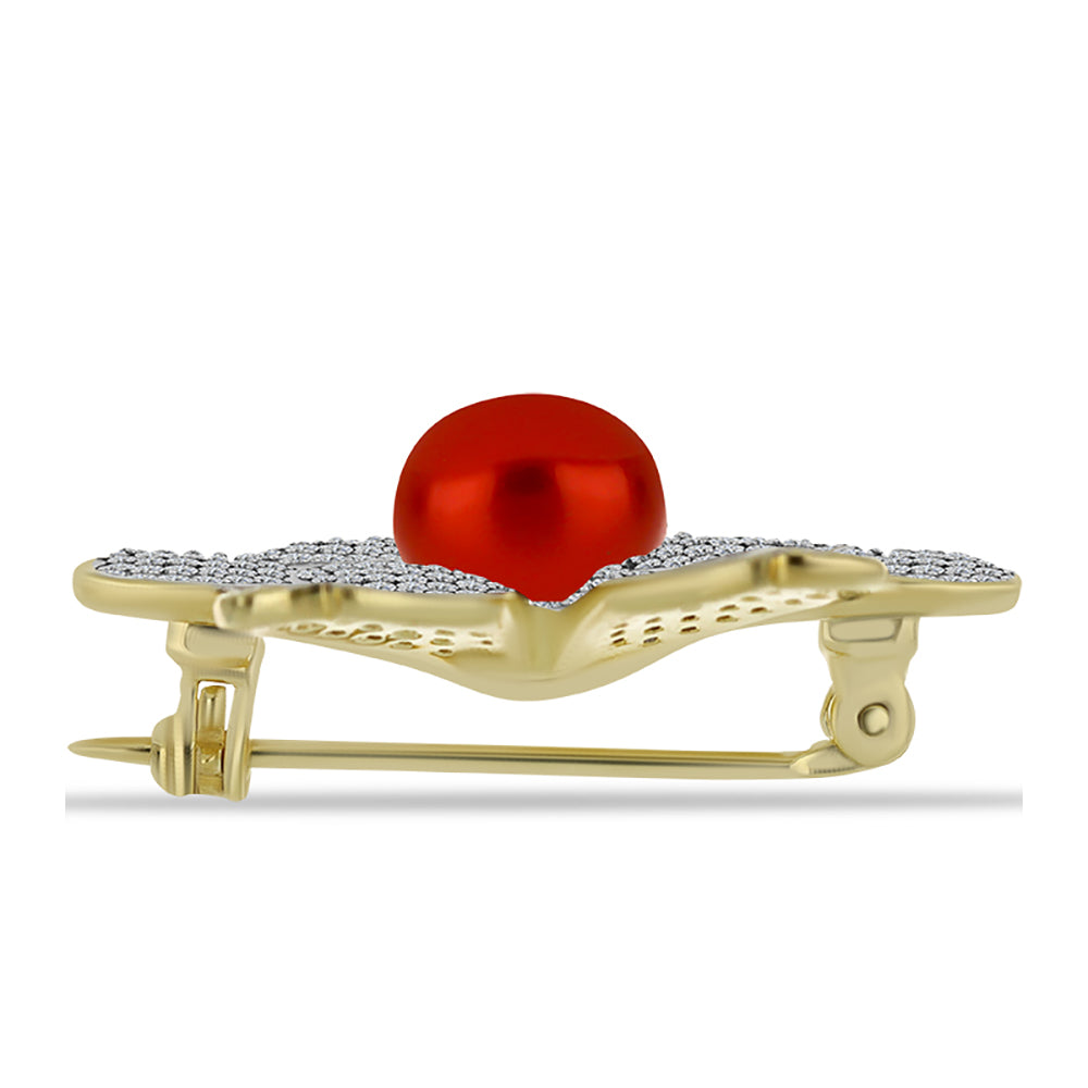 Pozlátený Strieborný Brošňa s Červená sladkovodná perlou a Bielym Topásom