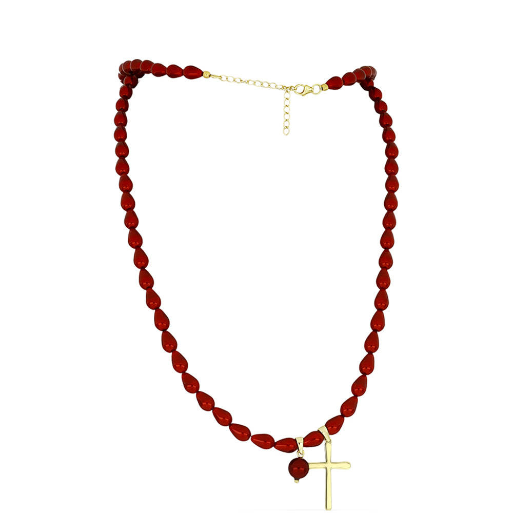 Kríž Pozlátený Strieborný Náhrdelník s Červená sladkovodná perlou