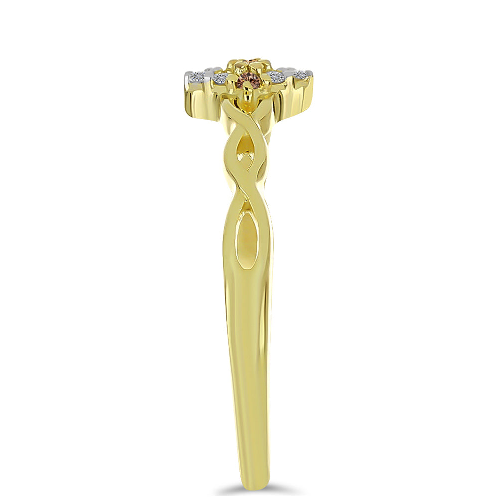 Pozlátený Strieborný Prsteň s Champagne Diamantom a Bielym Diamantom