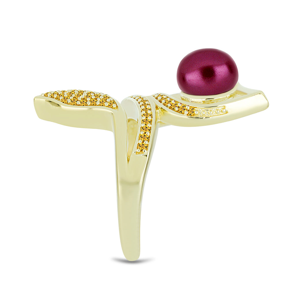 Pozlátený Strieborný Prsteň s so Fialová Sladkovodnou Perlou a Uralským Citrínom