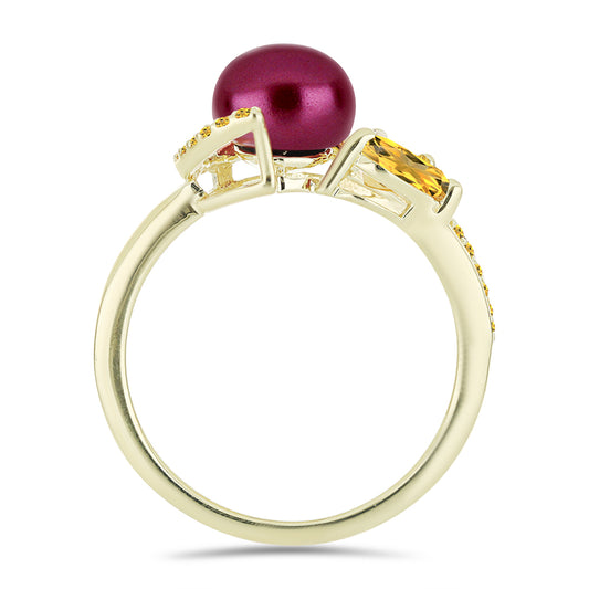 Pozlátený Strieborný Prsteň s so Fialová Sladkovodnou Perlou a Uralským Citrínom