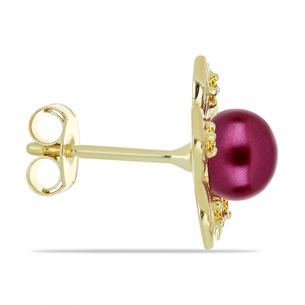 Pozlátené Strieborné Náušnice s so Fialová Sladkovodnou Perlou a Uralským Citrínom