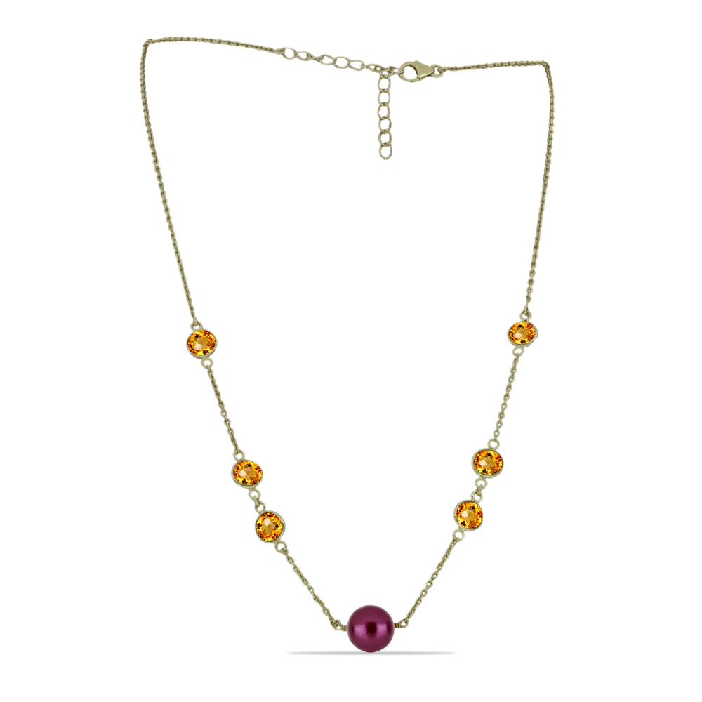 Pozlátený Strieborný Náhrdelník s so Fialová Sladkovodnou Perlou a Uralským Citrínom