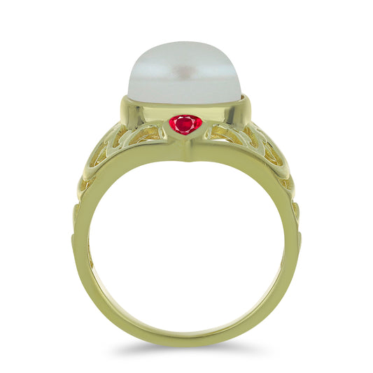 Pozlátený Strieborný Prsteň s so Sladkovodnou Bielou Perlou a Madagaskarským Rubínom