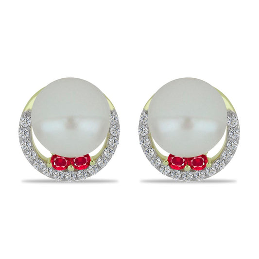 Pozlátené Strieborné Náušnice s so Sladkovodnou Bielou Perlou a Madagaskarským Rubínom