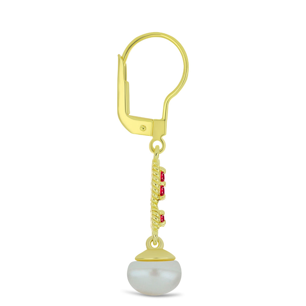 Pozlátené Strieborné Náušnice s so Sladkovodnou Bielou Perlou a Madagaskarským Rubínom