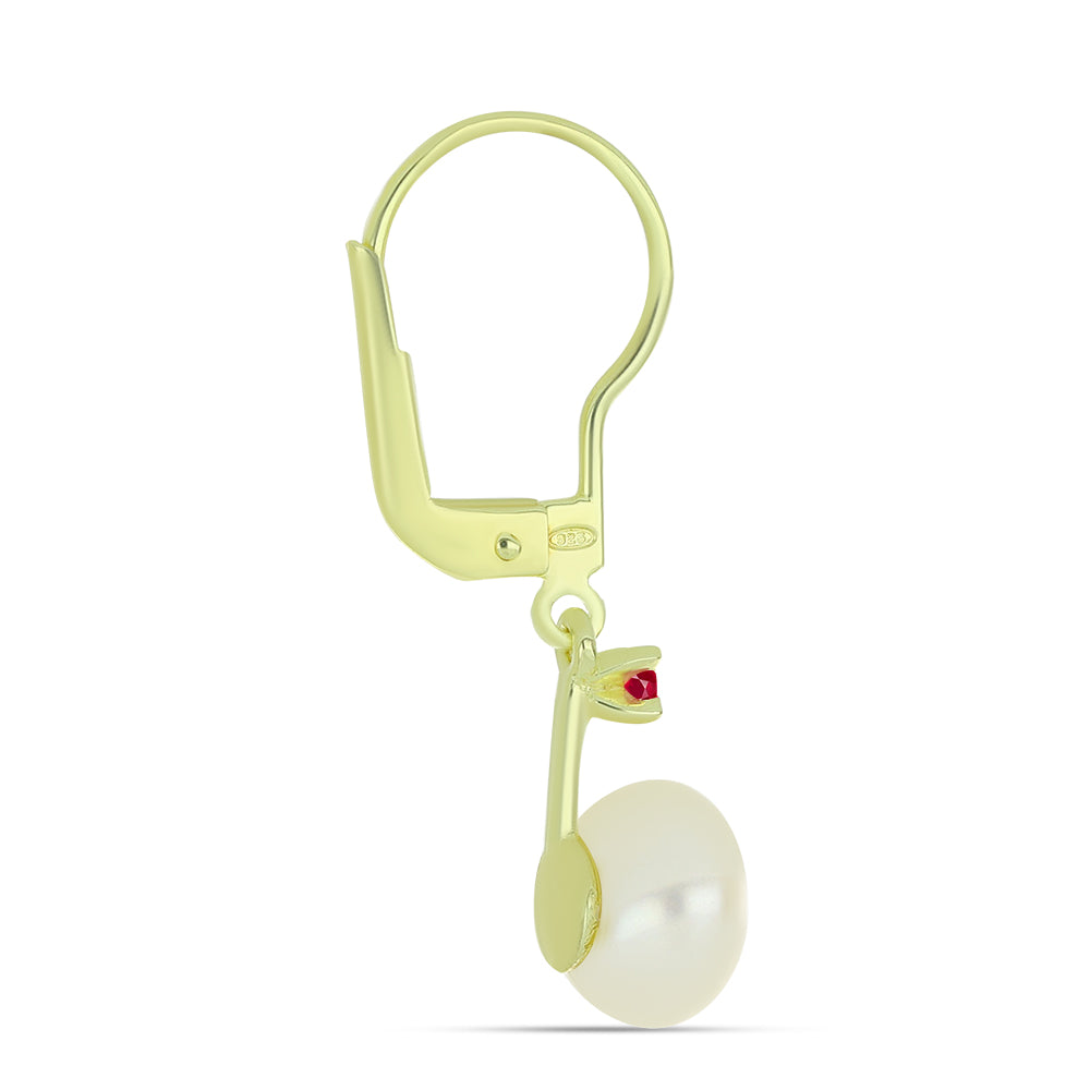 Pozlátené Strieborné Náušnice s so Sladkovodnou Bielou Perlou a Madagaskarským Rubínom