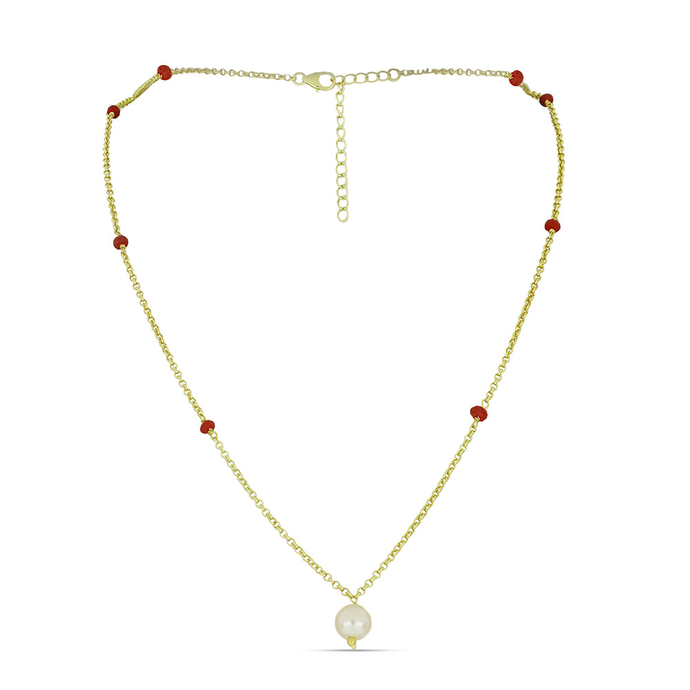 Pozlátený Strieborný Náhrdelník s so Sladkovodnou Bielou Perlou a Madagaskarským Rubínom