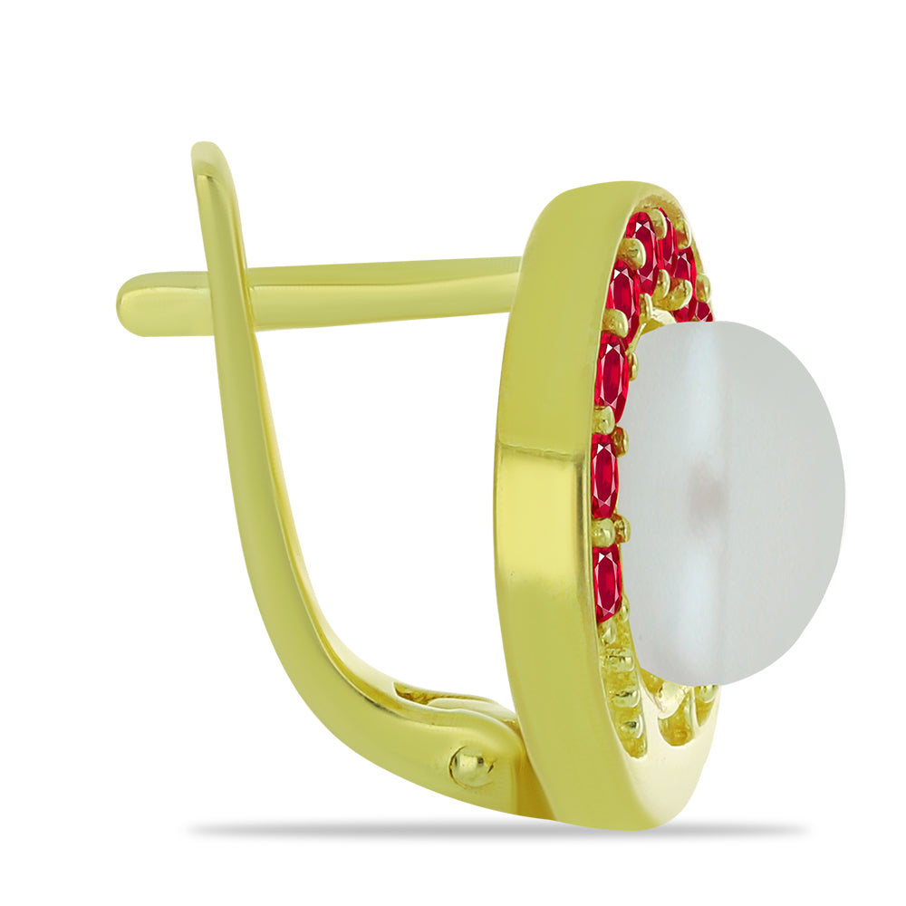 Pozlátené Strieborné Náušnice s so Sladkovodnou Bielou Perlou a Madagaskarským Rubínom