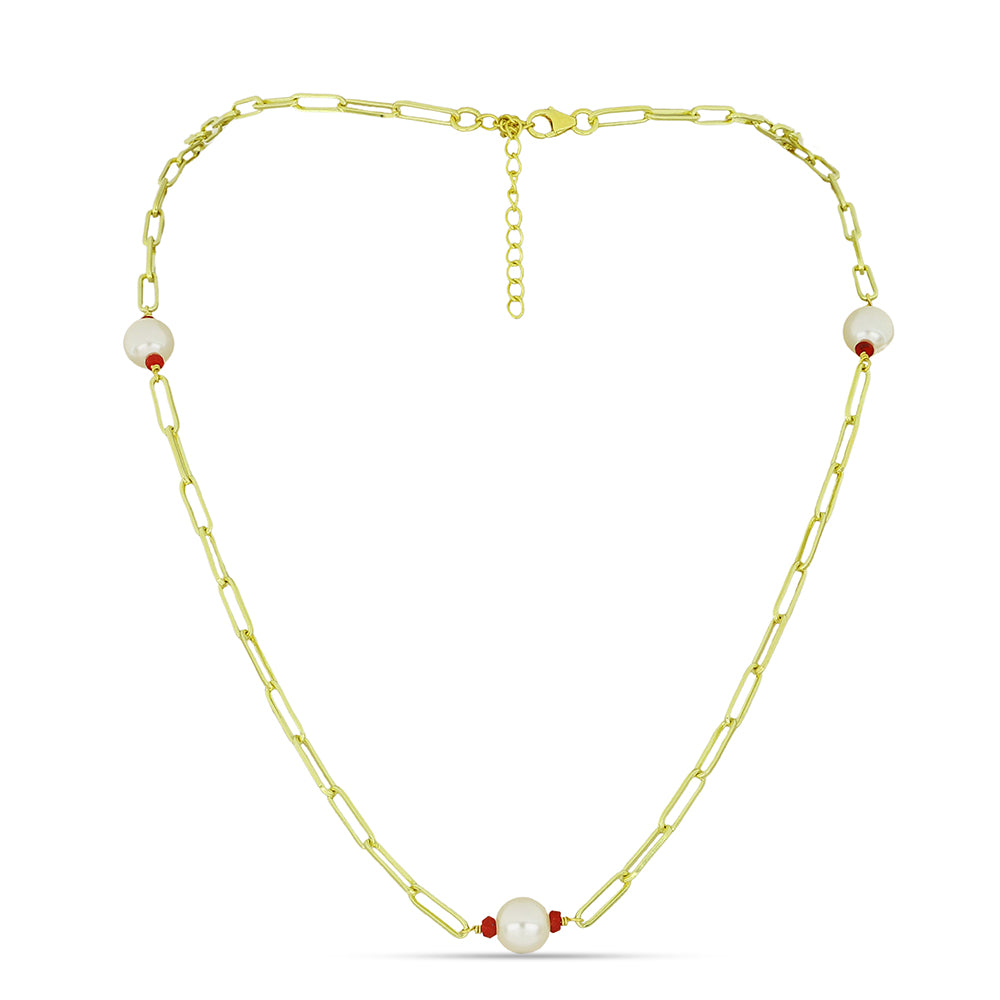 Pozlátený Strieborný Náhrdelník s so Sladkovodnou Bielou Perlou a Madagaskarským Rubínom