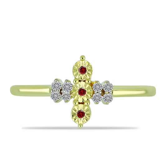 Pozlátený Strieborný Prsteň s Červeným Diamantom a Bielym Diamantom