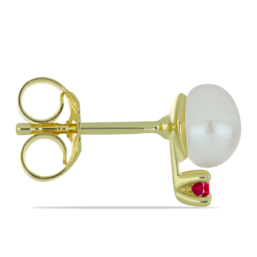 Pozlátené Strieborné Sada s so Sladkovodnou Bielou Perlou a Madagaskarským Rubínom ( Náhrdelník+Náušnice )