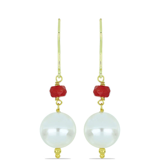 Pozlátené Strieborné Náušnice s so Sladkovodnou Bielou Perlou a Madagaskarským Rubínom
