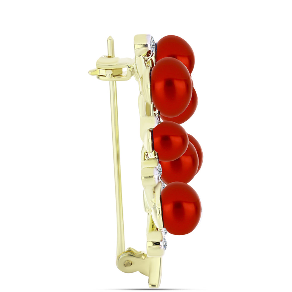 Pozlátený Strieborný Brošňa s Červená sladkovodná perlou a Bielym Topásom