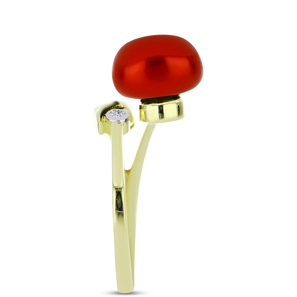 Pozlátený Strieborný Prsteň s Červená sladkovodná perlou a Bielym Topásom