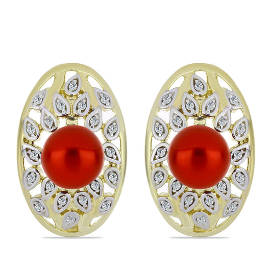 Pozlátené Strieborné Náušnice s Červená sladkovodná perlou a Bielym Topásom