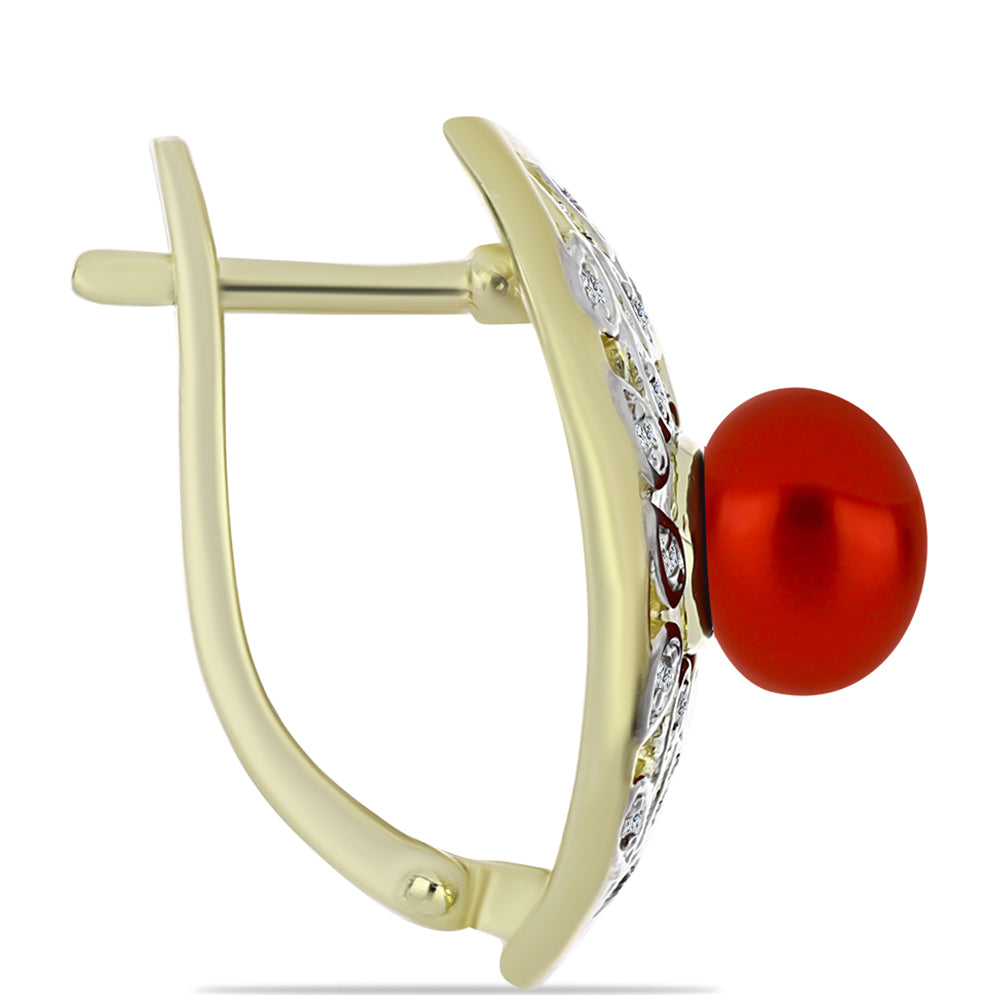 Pozlátené Strieborné Náušnice s Červená sladkovodná perlou a Bielym Topásom