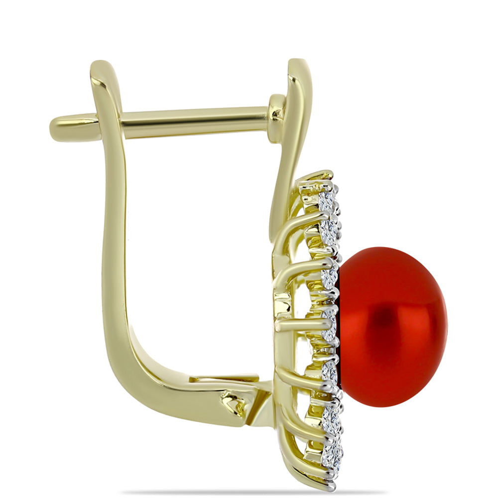 Pozlátené Strieborné Náušnice s Červená sladkovodná perlou a Bielym Topásom