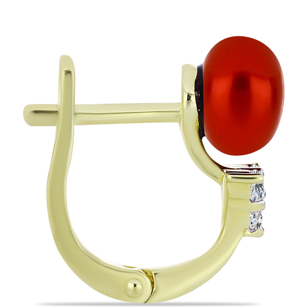 Pozlátené Strieborné Náušnice s Červená sladkovodná perlou a Bielym Topásom