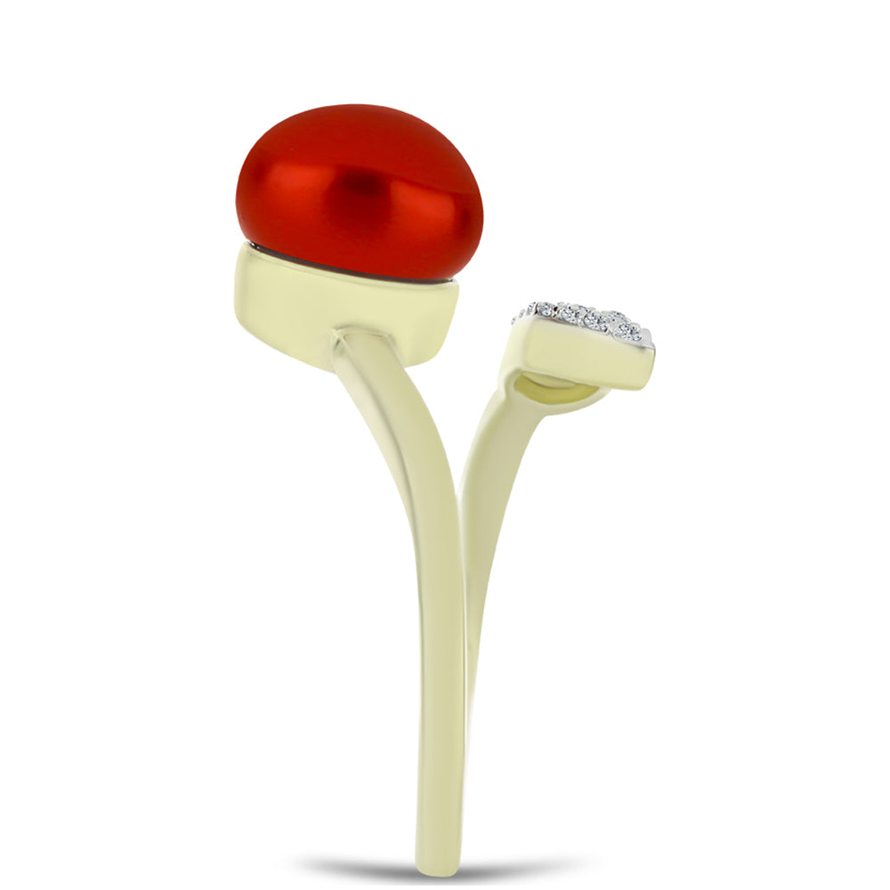 Pozlátený Strieborný Prsteň s Červená sladkovodná perlou a Bielym Topásom