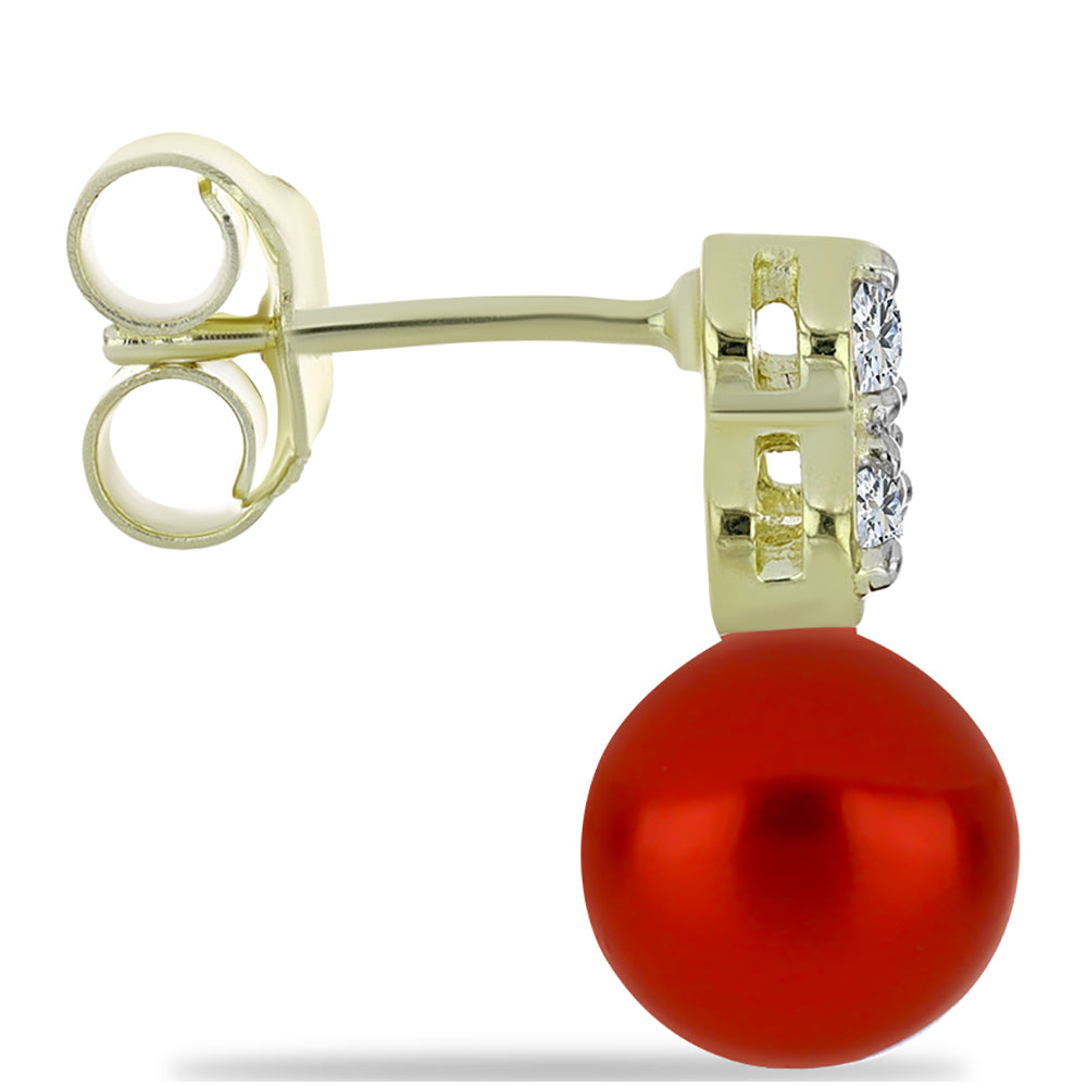 Pozlátené Strieborné Náušnice s Červená sladkovodná perlou a Bielym Topásom