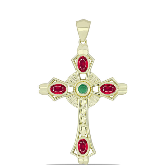 Kríž Pozlátený Strieborný Prívesok s Madagaskarským Rubínom a Brazílskym Smaragdom