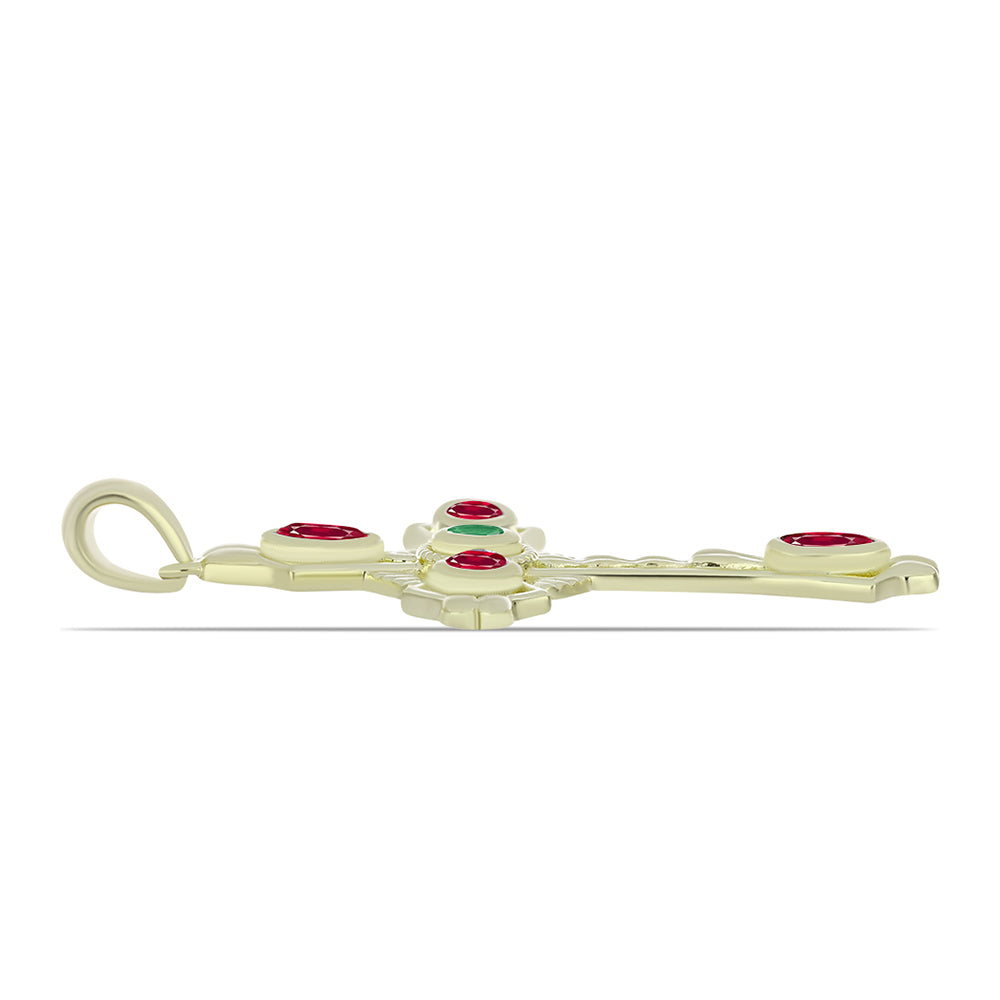 Kríž Pozlátený Strieborný Prívesok s Madagaskarským Rubínom a Brazílskym Smaragdom