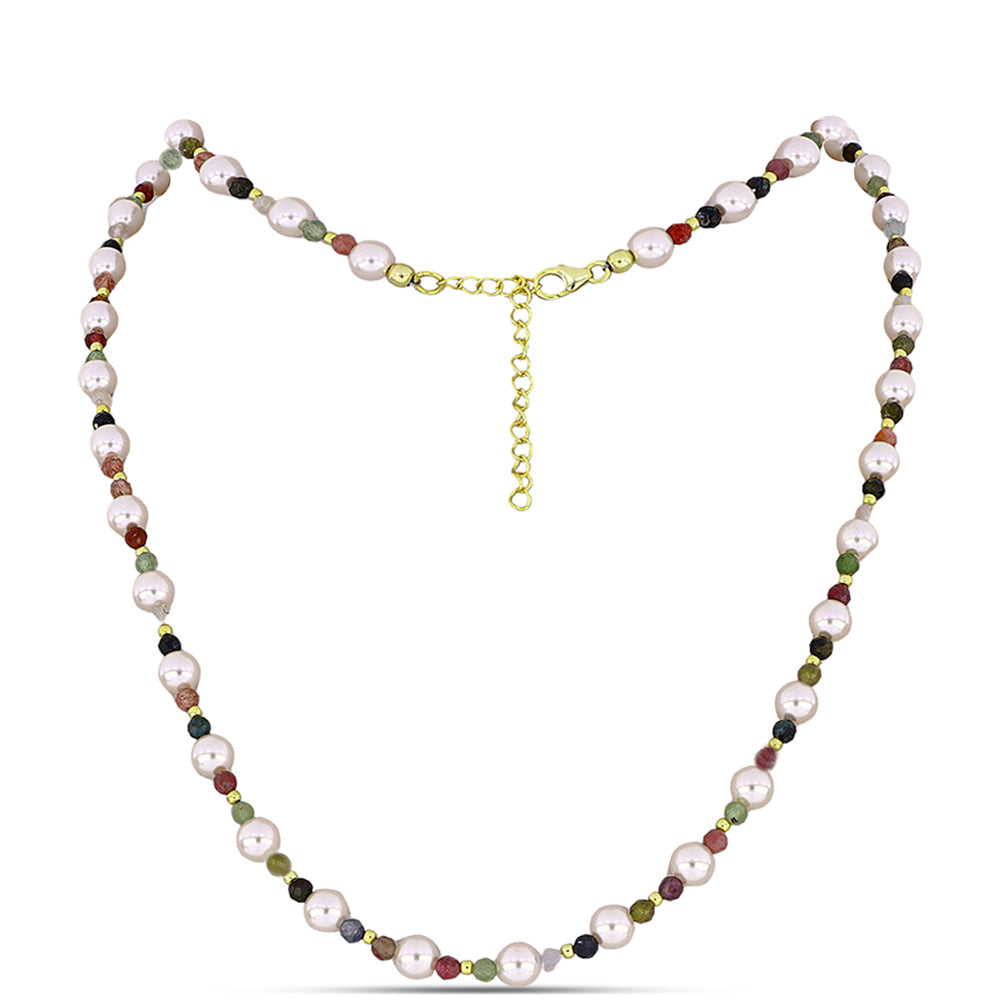 Pozlátený Strieborný Náhrdelník s Chakra Turmalínom a so Sladkovodnou Bielou Perlou