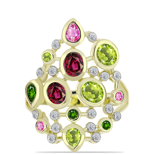 Pozlátený Strieborný Prsteň s Chakra Turmalínom a Bielym Topásom