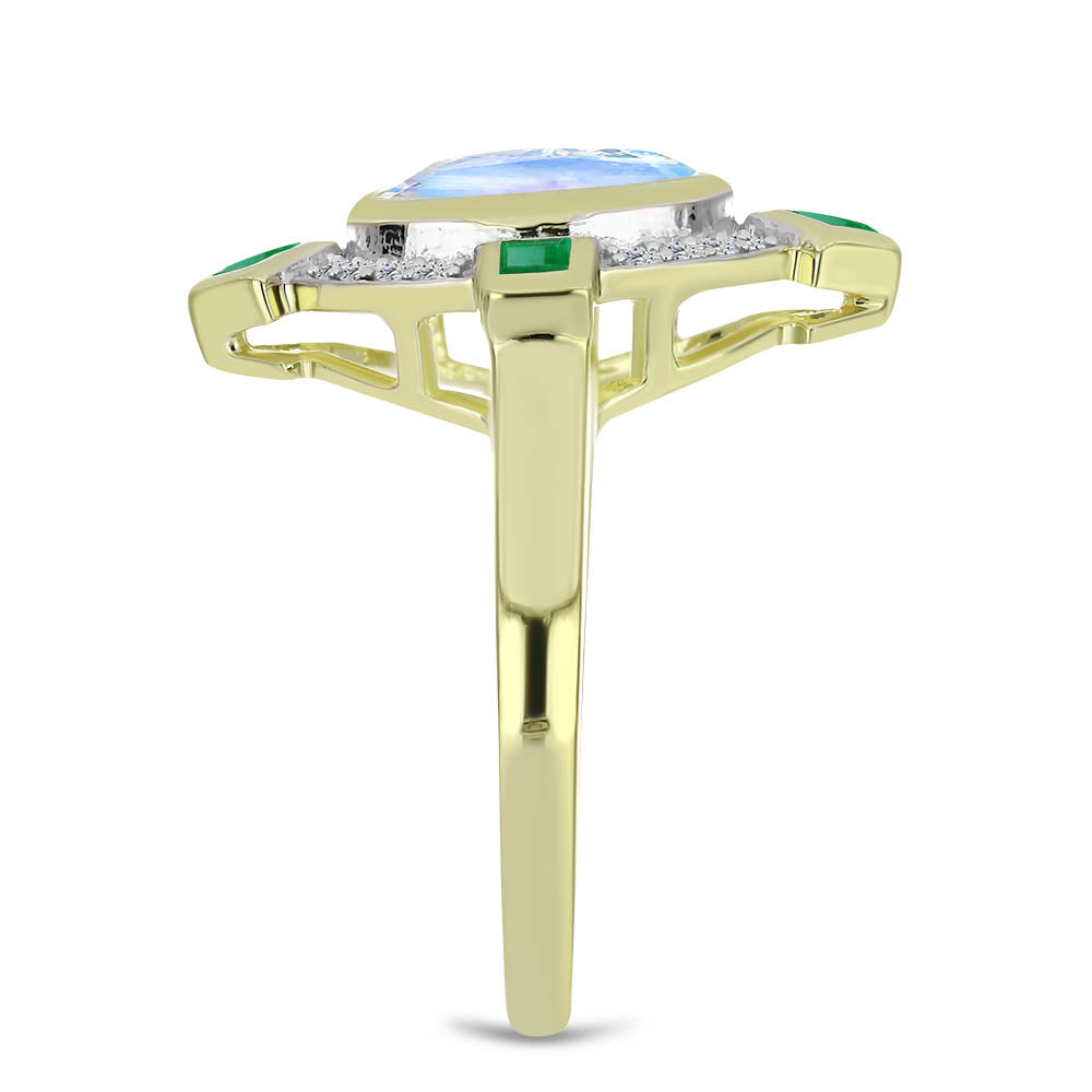 Pozlátený Strieborný Prsteň s Dúhovým Mesačným Kameňom a Brazílskym Smaragdom