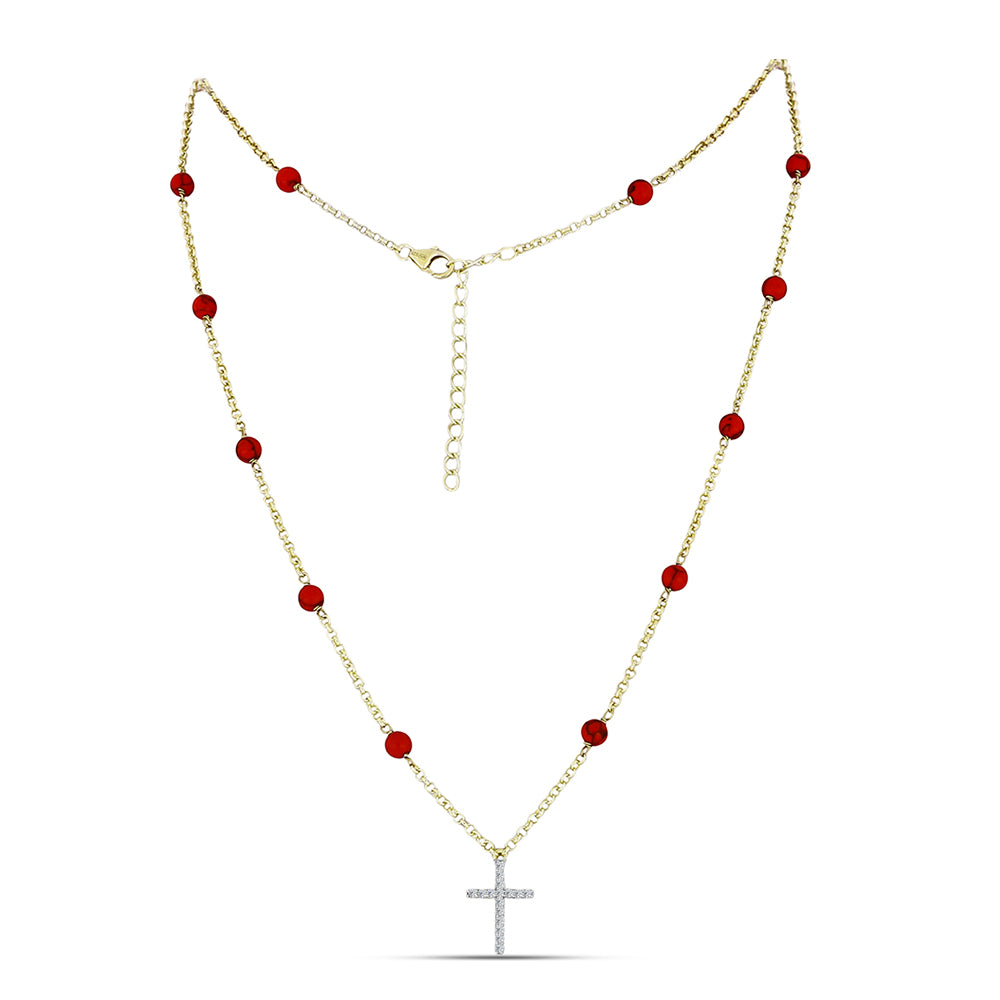 Pozlátený Strieborný Náhrdelník s Červeným Hubovitým Koralom a Bielym Topásom